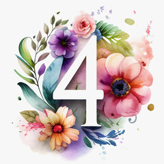 Watercolor birthday design with the number four. Generative ai.