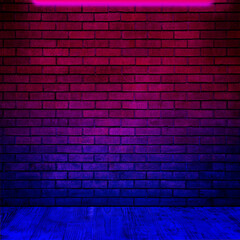 Glowing neon lamp on brick wall in room