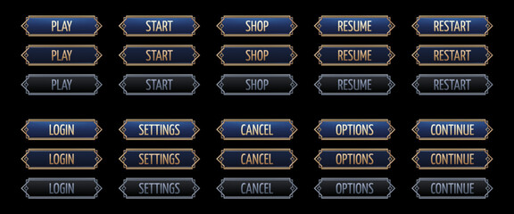 Art deco fantasy game interface button vector set. Ui animation elements for rpg with gold border. 1920s elegant title with border for mobile menu or popup design. Cancel or start pressed click sprite © klyaksun