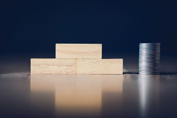 Wooden blocks and coins. Number 1, 2, 3. Background for business text.