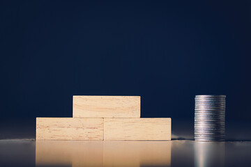 Wooden blocks and coins. Number 1, 2, 3. Background for business text.