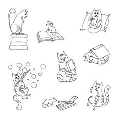 vector illustration of set with funny cats. Hand drawn black and white cats