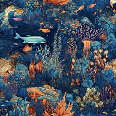 Fototapeta na wymiar background with marine seamless pattern ornament with fish and underwater life on ocean. Generative AI illustration
