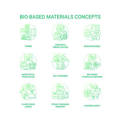 Bio based materials green gradient concept icons set. Sustainable solutions. Biodegradable products idea thin line color illustrations. Isolated symbols. Roboto-Medium, Myriad Pro-Bold fonts used