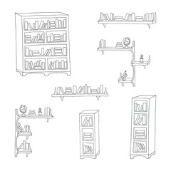 Vector illustration. Set of bookcases and bookshelves with books and other objects. Hand drawn black and white set
