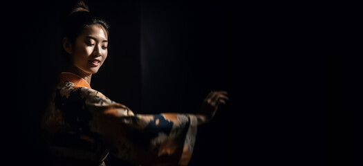 Fototapeta na wymiar Japanese girl dancing with passion and grace, accompanied, showcasing her impressive talent and skill as a dancer on banner black background. generative AI