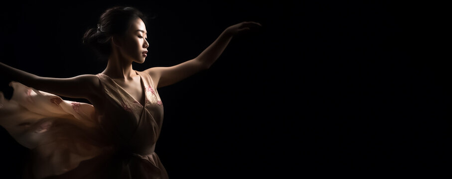 Japanese girl dancing with passion and grace, accompanied, showcasing her impressive talent and skill as a dancer on banner black background. generative AI © Surachetsh