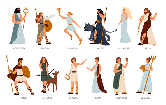 Greek pantheon. Gods and goddesses. Ancient mythology. Cartoon devine characters. Hephaestus and Demeter. Antique paganism religion. Zeus and Apollo. Garish vector Greece deities set