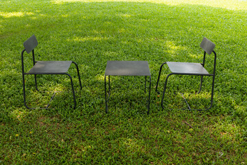 Obraz na płótnie Canvas Elegant metal garden furniture on green lawn