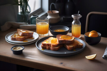 Delicious french toast with fresh fruits and maple syrup. Tasty breakfast scene with orange juice and bread dipped in egg and toasted with butter. illustration. Generative Ai