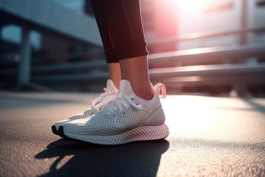 Close-up of female legs of a sportswoman runner in sports sneakers on the street outdoors, low angle view. Generative AI