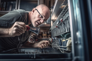 Appliance technician fixing a dishwasher. generative ai