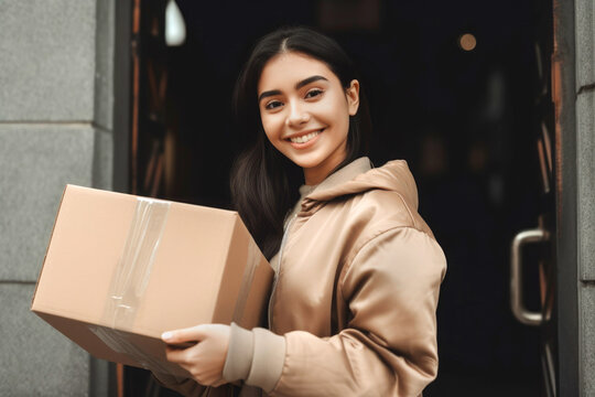 Smiling woman receiving a package in a box on her doorstep, from a purchase made in an online store. looking at the camera. Generative AI