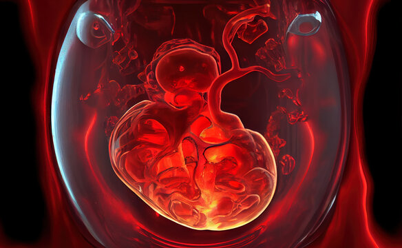 Doll in red liquid inside stomac, genetical disorders or abortion concept