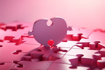 Two pieces matched jigsaw with red heart shape on pink background, Together with Love, Concept of perfect couple, valentine's day, 3d rendering. Generative AI