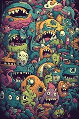 Fototapeta na wymiar illustration, many monsters of multiple colors, generative ai