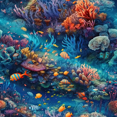 Fototapeta na wymiar seamless pattern with sea fish and corals underwater in sea. Generative AI illustration