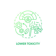 Lower toxicity green gradient concept icon. Biodegradable plastics. Eco alternative. Bio based materials advantage idea thin line illustration. Isolated outline drawing. Myriad Pro-Bold font used