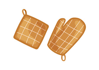 Oven glove and potholder. Bakers mitten for heat protection. Hot pot holders, mitt. Textile safety tacks, protective pads for baking, cooking. Flat vector illustration isolated on white background