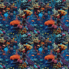 seamless pattern with sea fish and corals underwater in sea. Generative AI illustration