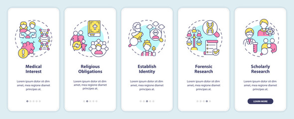 Genealogical research motivation onboarding mobile app screen. Walkthrough 5 steps editable graphic instructions with linear concepts. UI, UX, GUI template. Myriad Pro-Bold, Regular fonts used