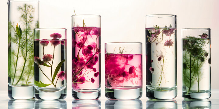 liquids in glass containers in water on table