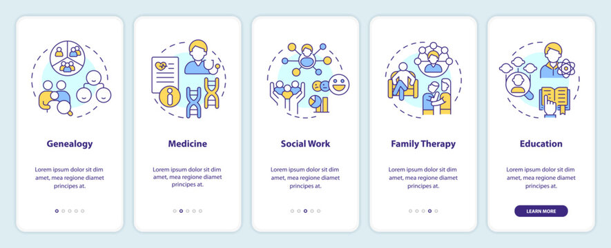 Genograms usage onboarding mobile app screen. Relationships. Walkthrough 5 steps editable graphic instructions with linear concepts. UI, UX, GUI template. Myriad Pro-Bold, Regular fonts used