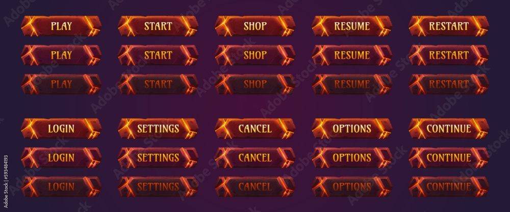 Poster fantasy lava game button vector cartoon ui interface set. magic animation sprite glow elements with 