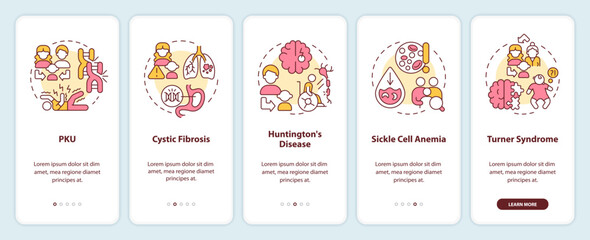 Hereditary diseases onboarding mobile app screen. Genetic illnesses. Walkthrough 5 steps editable graphic instructions with linear concepts. UI, UX, GUI template. Myriad Pro-Bold, Regular fonts used