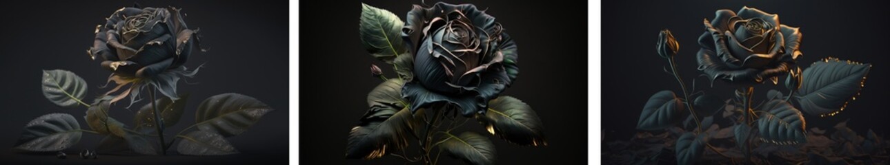Set of beautiful gothic black roses. Rose flower collage decorative art illustration generative ai	
