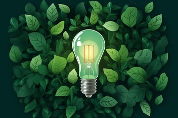 Top view of the green eco-friendly lightbulb from fresh leaves, Green eco-friendly lightbulb from fresh leaves top view, concept of Renewable Energy and Sustainable Living. Generative Ai. Ai