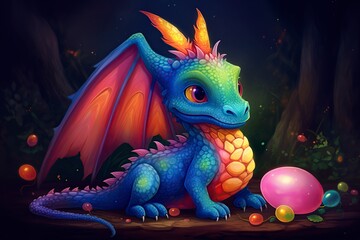 illustration, cute multicolor dragon, generative ai