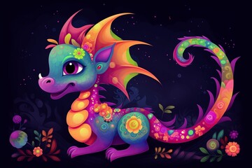 Fototapeta na wymiar illustration, cute multicolor dragon, generative ai