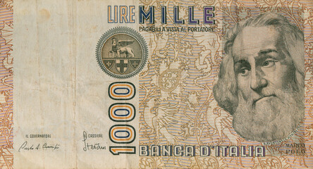 Old Italian banknote of 1000 lire in color bill