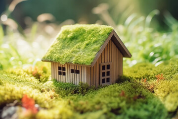 Fototapeta na wymiar Casa ecológica. Mini casa sobre la hierba, concepto de convivencia con medio ambiente y cuidado de la naturaleza. Generative ai.
