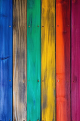 Mesa de madera con colores arcoíris, tablas de madera coloridas. Generative ai.