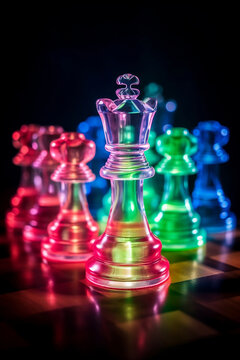 Transparent colorful chess pieces on the board close-up, dark neon lights background. Defocused bokeh, blurry backdrop. Crystal queen figurine, glass king figurine. Image is AI generated.