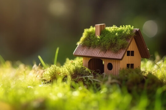 Casa ecológica. Mini casa sobre la hierba, concepto de convivencia con medio ambiente y cuidado de la naturaleza. Generative ai.