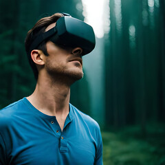 Young man in forest wearing VR headset. Generative ai