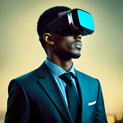 Young man wearing VR headset. Generative ai