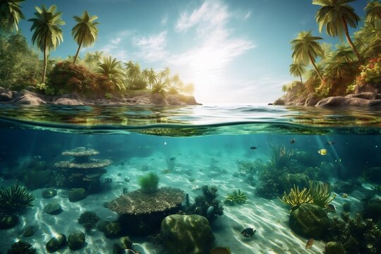 Above the water is a beautiful tropical island with large palm trees, under the water is a hyperdetailed tidepool and coral reef, lots of fish. photo realistic wallpaper. generative AI