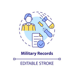 Military records concept icon. Enlistment data. Family research record abstract idea thin line illustration. Isolated outline drawing. Editable stroke. Arial, Myriad Pro-Bold fonts used