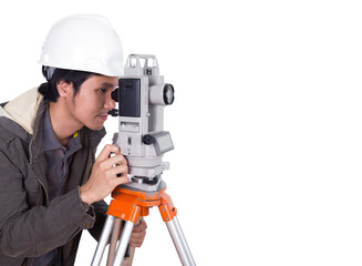engineer working with survey equipment theodolite on a tripod. on transparent background png file