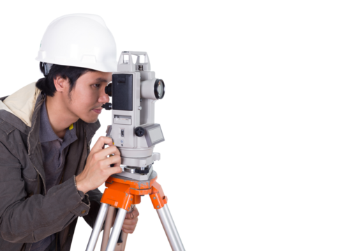 engineer working with survey equipment theodolite on a tripod. on transparent background png file