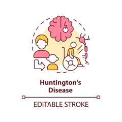Huntington disease concept icon. Brain disorder. Gene mutation. Hereditary disease abstract idea thin line illustration. Isolated outline drawing. Editable stroke. Arial, Myriad Pro-Bold fonts used