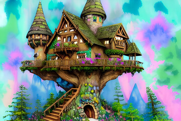Fantasy fairy tale castle in the jungle. Digital watercolor painting.