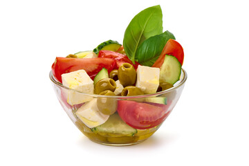 Vegetable salad with feta cheese, tomatoes, isolated on white background. High resolution image.