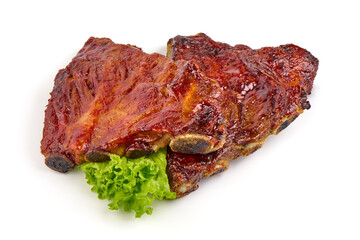 Roasted spicy ribs in a bbq or tomato sauce with herbs, isolated on a white background.