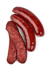 German traditional grilled sausages, close-up, isolated on white background.
