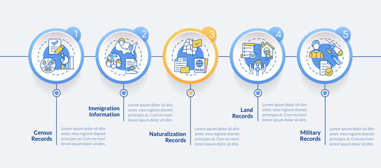 Family research records blue circle infographic template. Data visualization with 5 steps. Editable timeline info chart. Workflow layout with line icons. Lato-Bold, Regular fonts used